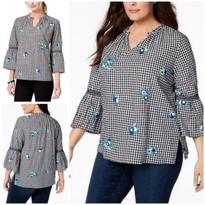 NWT Charter Club Embroidered Floral Gingham Check Cottagecore Bell Sleeve Blouse